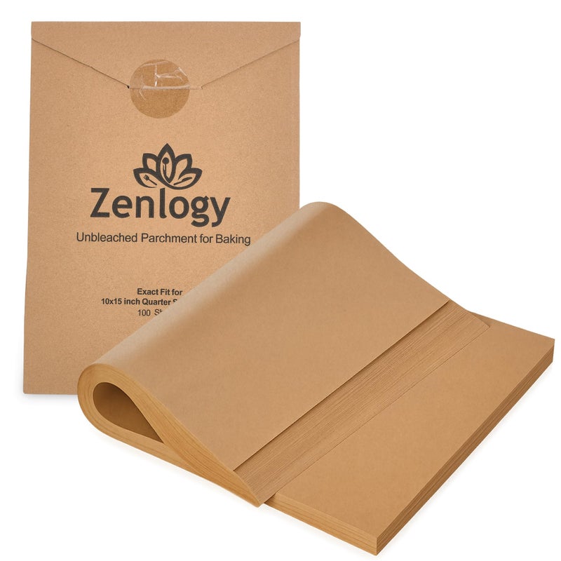 Zenlogy 10x15 Parchment Paper (100 Sheets) - Unbleached, High Heat, Non-stick, Pre-cut Baking Paper for Jelly Roll Pans - Great for Baking, Roasting, Wrapping, Dehydrator, and so much more - Image 1